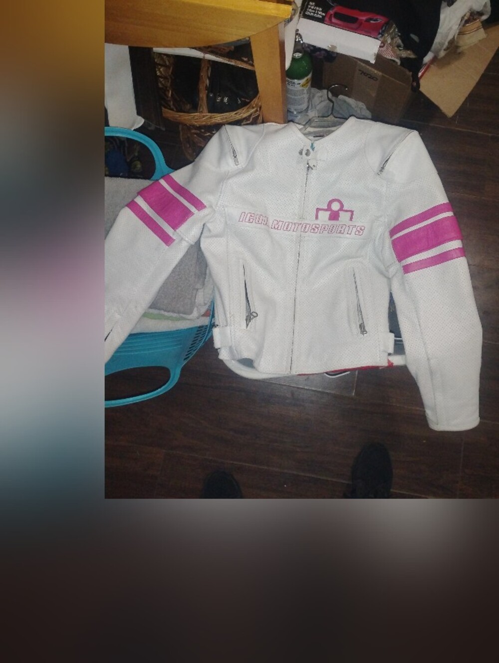 ICON White Leather Motorcycle Jacket with Pink Accents